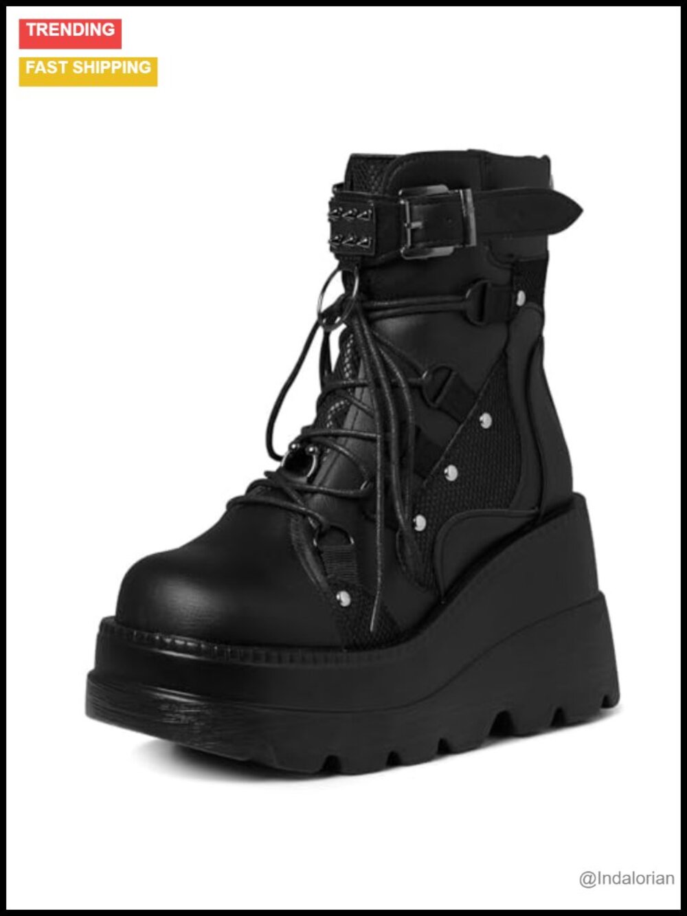Goth Platform Boots for Women Chunky Wedge Heel Lace-Up Ankle Bootie Vegan PU